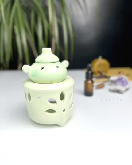 Lotus Çaydanlık Temalı Seramik Buhurdanlık (Yeşil)
